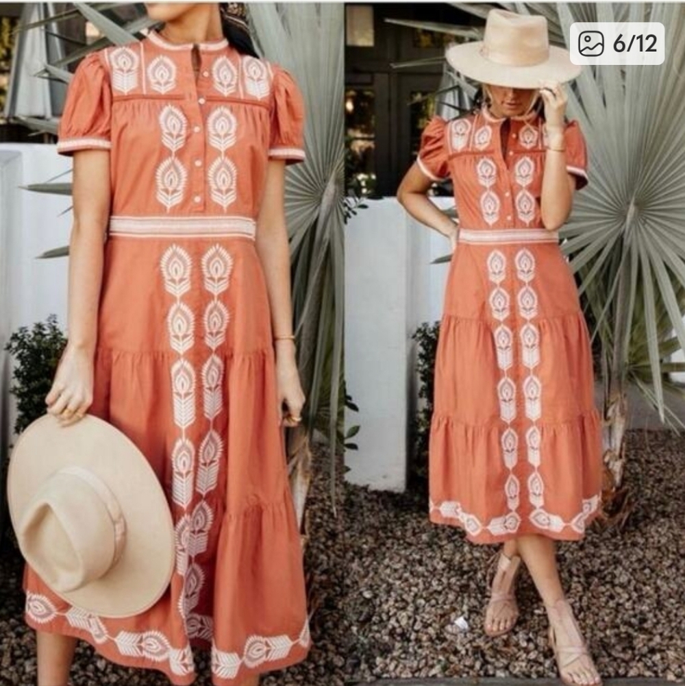bohme Terracotta Maxi Dress with White Embroidery
